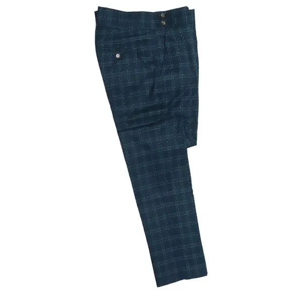 Mens Dress Pants Blue Green Check Geometric Slim Straight Gurkha Trousers 34